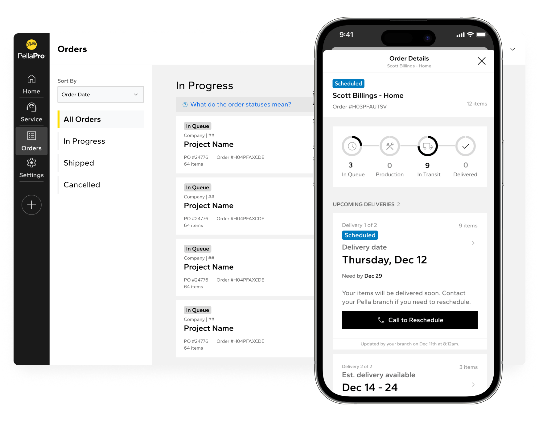 Pella Contractor app on the order page, showing desktop vs mobile.